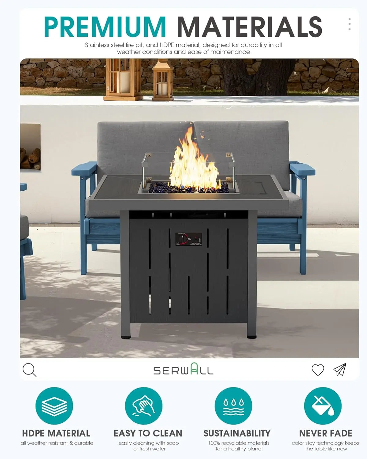 33" Outdoor Fire Pit Table, 50,000 BTU Square Propane Fire Pit Table with Lid, Glass Rock & Glass Wind Guard, Backyard, Black