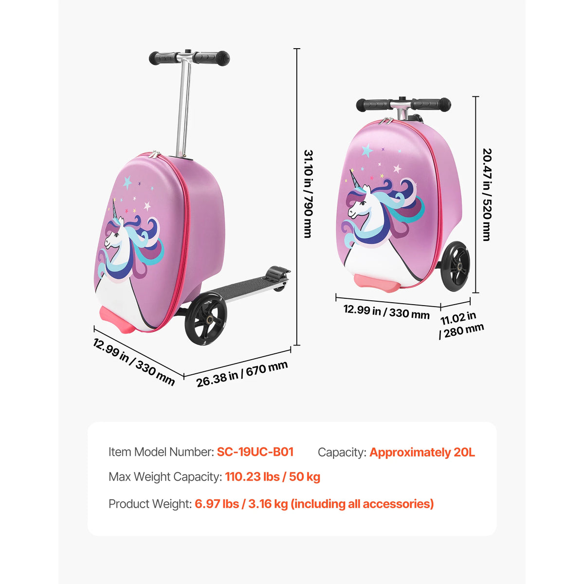 SucceBuy 20in Ride-on Luggage 20L Kids Scooter Suitcase with Flash PU Wheels & Adjustable Handle Foldable Luggage for Children