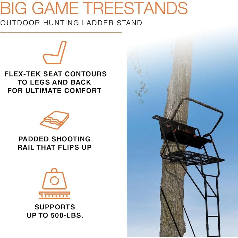 Big Game Striker XL 17.5FT Ladder Treestand Flip Back Seat Padded Armrest Deep Foot Platform Outdoor Hunting Stand