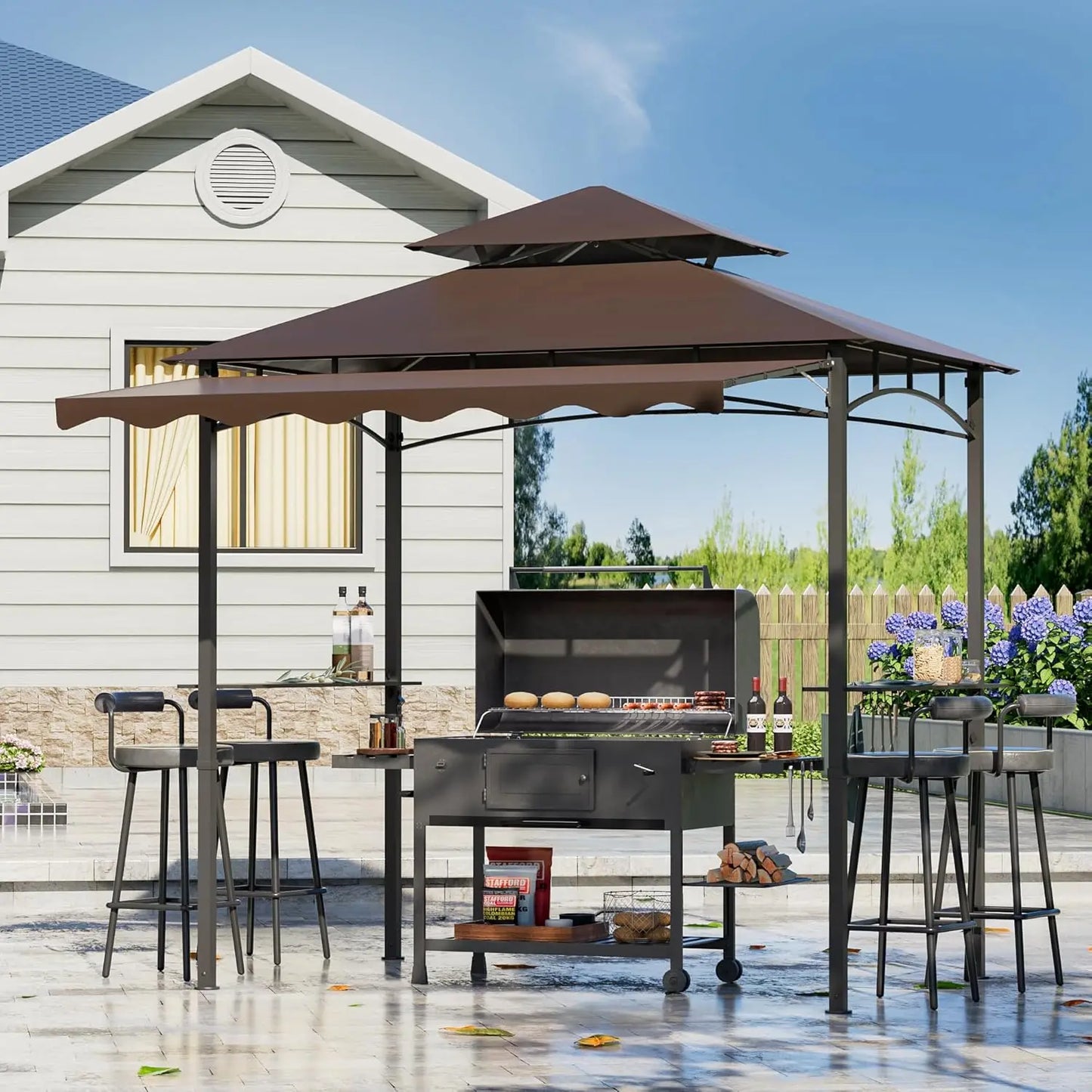8x8x5 FT BBQ Grill Gazebo Outdoor, Double Tired Patio Canopy Tent with Side Awning Shelves, Barbecue Shelter with, Customized