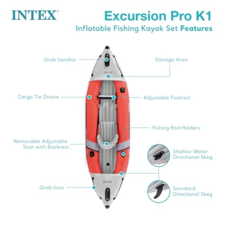 68303EP Excursion Pro K1 Inflatable Kayak Set: 86in SuperTough PVC Kayak with Deluxe Paddles High-Output Pump Adjustable Bucket