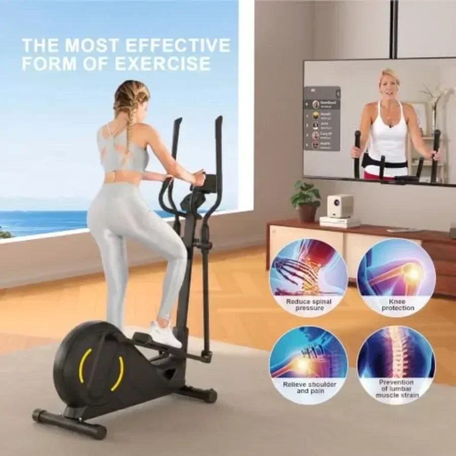 Home Gym Elliptical Exercise Machine with Hyper-quiet Magnetic Driving System, Black Steel Frame, 16 Resistance Levels, 15.5-in