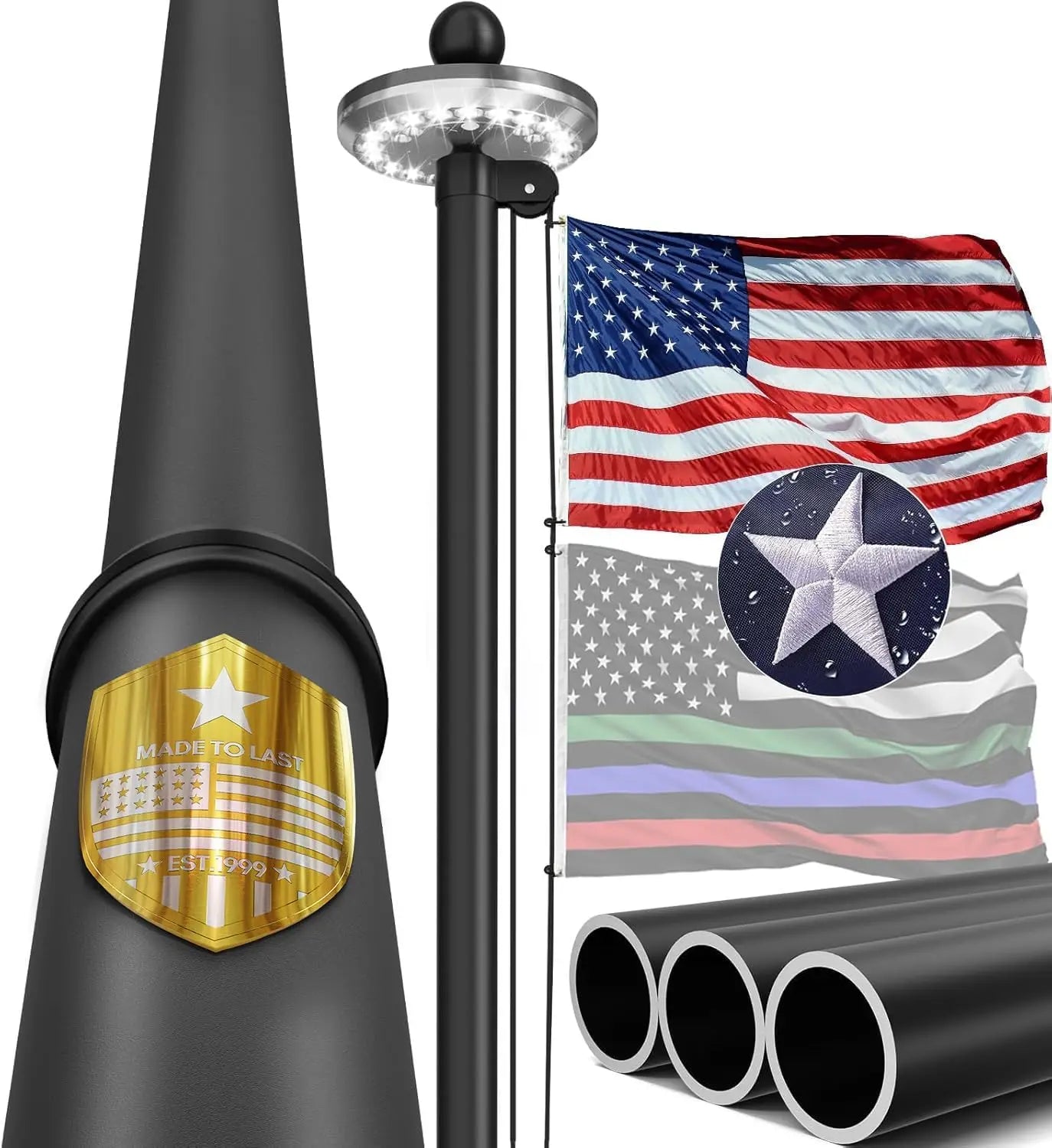 25FT Heavy Duty Flag Pole Kit with Wind-Resistant Tapered Design, Large Bottom Tube, Solar Light, USA Flag – Complete Set
