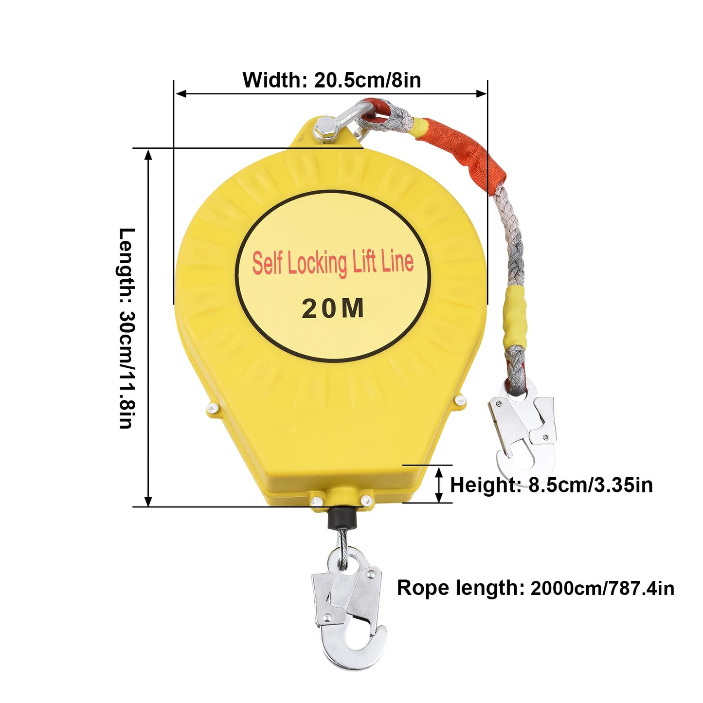 Automatic Retractable Lifeline 65ft/20m, 330lbs Load Fall Protection with Alloy Steel Hook and Nylon Rope for Climbing Safety