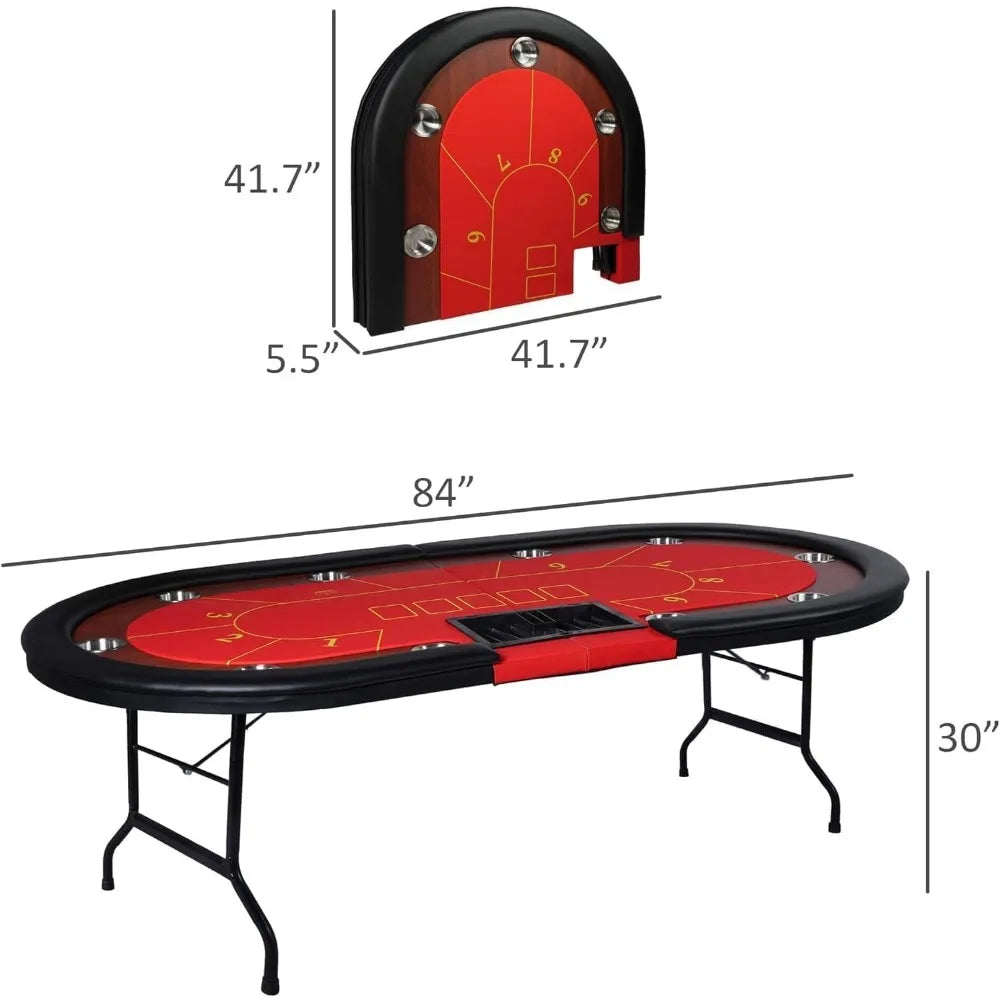 Upgrade 10 Player Poker Table, 84" Folding Oval Table with Stainless Steel Coasters & Cushion Rails, Casino Felt Top Texas Hold'
