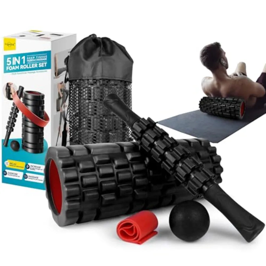 5-in-1 Foam Roller Set for Deep Tissue Recovery with High Density Black Exercise Roller Massage Ball Resistance Band Carry Bag