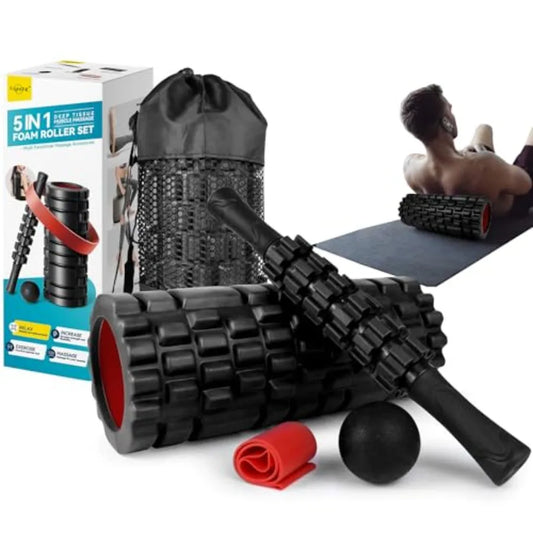 5-in-1 Foam Roller Set for Deep Tissue Recovery with High Density Black Exercise Roller Massage Ball Resistance Band Carry Bag