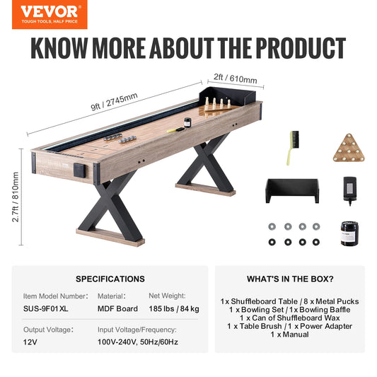 SucceBuy Shuffleboard Table 9 ft LED Light Up Shuffleboard for Family Game Room 2-in-1 Shuffleboard and Bowling Combo Game Sets