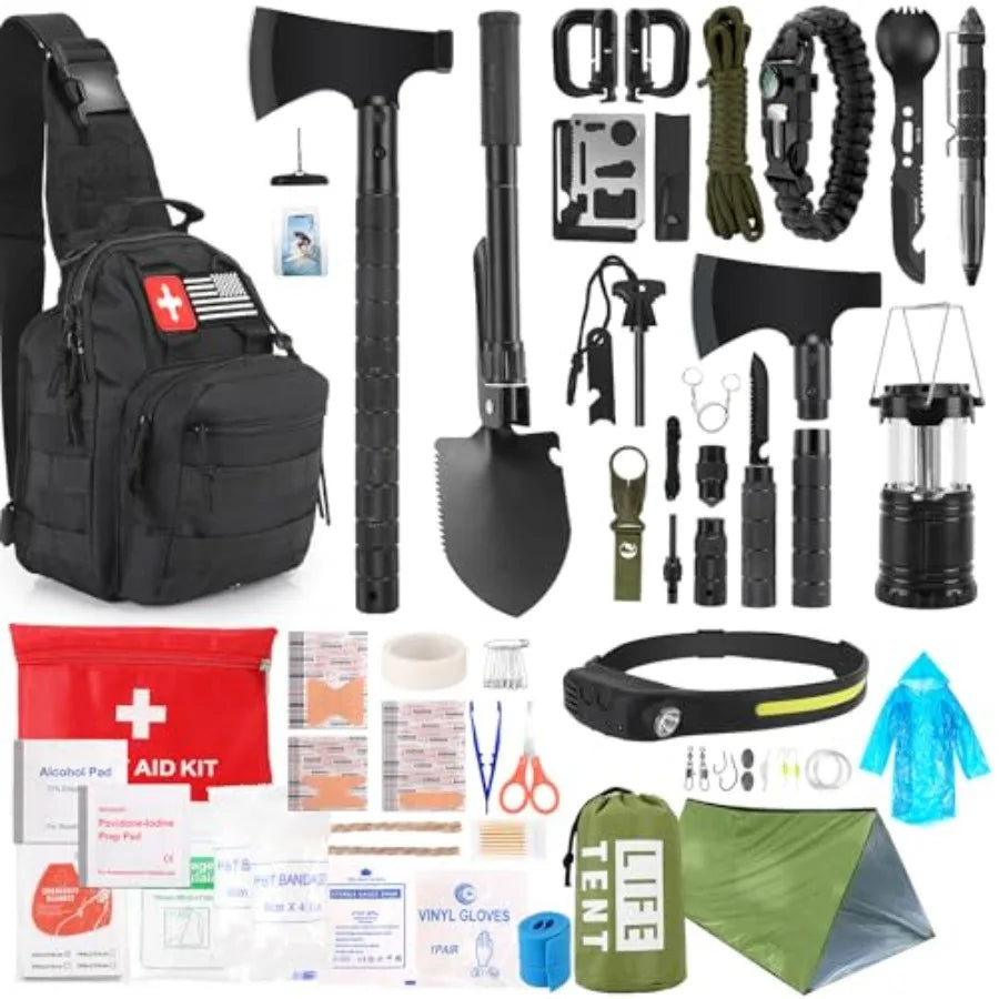 268 Pcs Survival Kit Emergency Gear with First Aid Kit Camping Axe Headlamp Crossbody Bag for Hiking Hunting Black