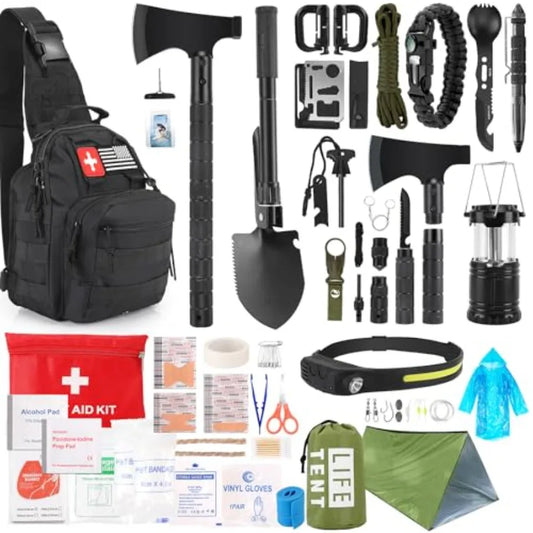 268 Pcs Survival Kit Emergency Gear with First Aid Kit Camping Axe Headlamp Crossbody Bag for Hiking Hunting Black