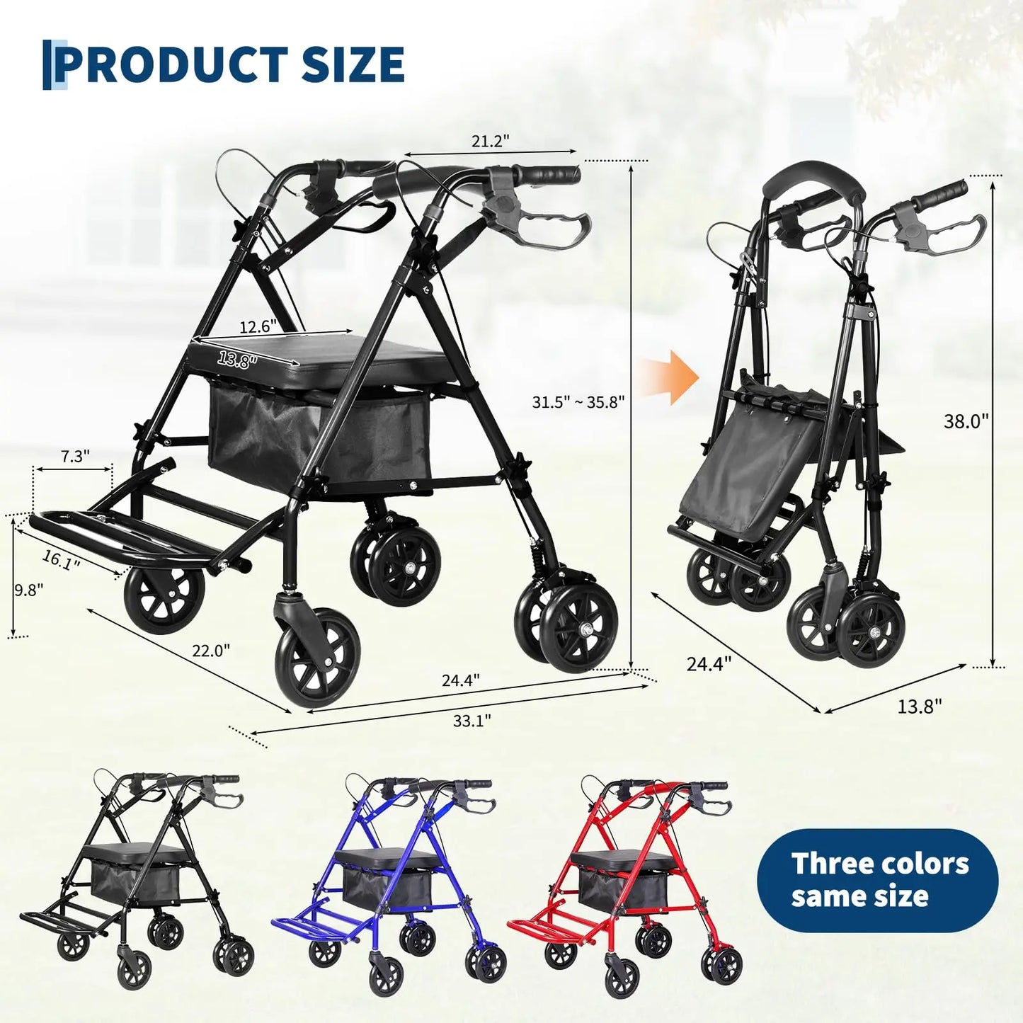 Folding Four Wheel Rollator, Lightweight Mobility Walker with Seat & Carry Bag, Underseat Storage, Portable Walking Aid 6'' Whee