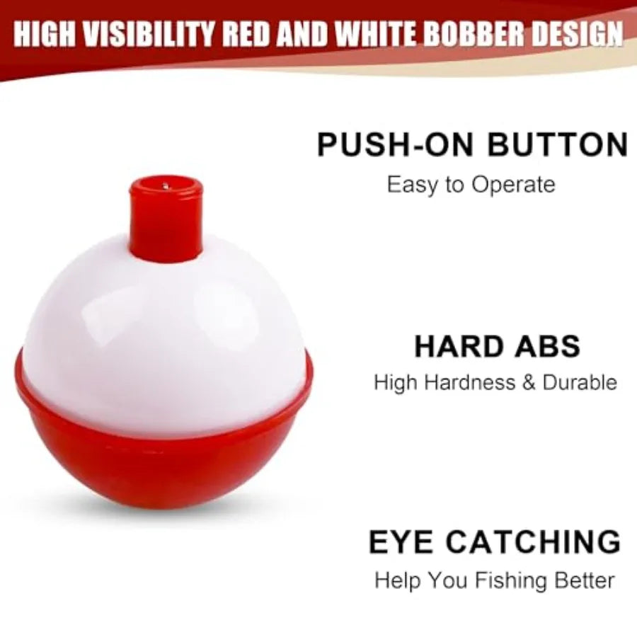 Fishing Bobbers Hard ABS Snap-on Push Button Round Buoy Floats for Crappie Panfish Walleyes Red and White 0.75 1 1.25 1.5 1.75
