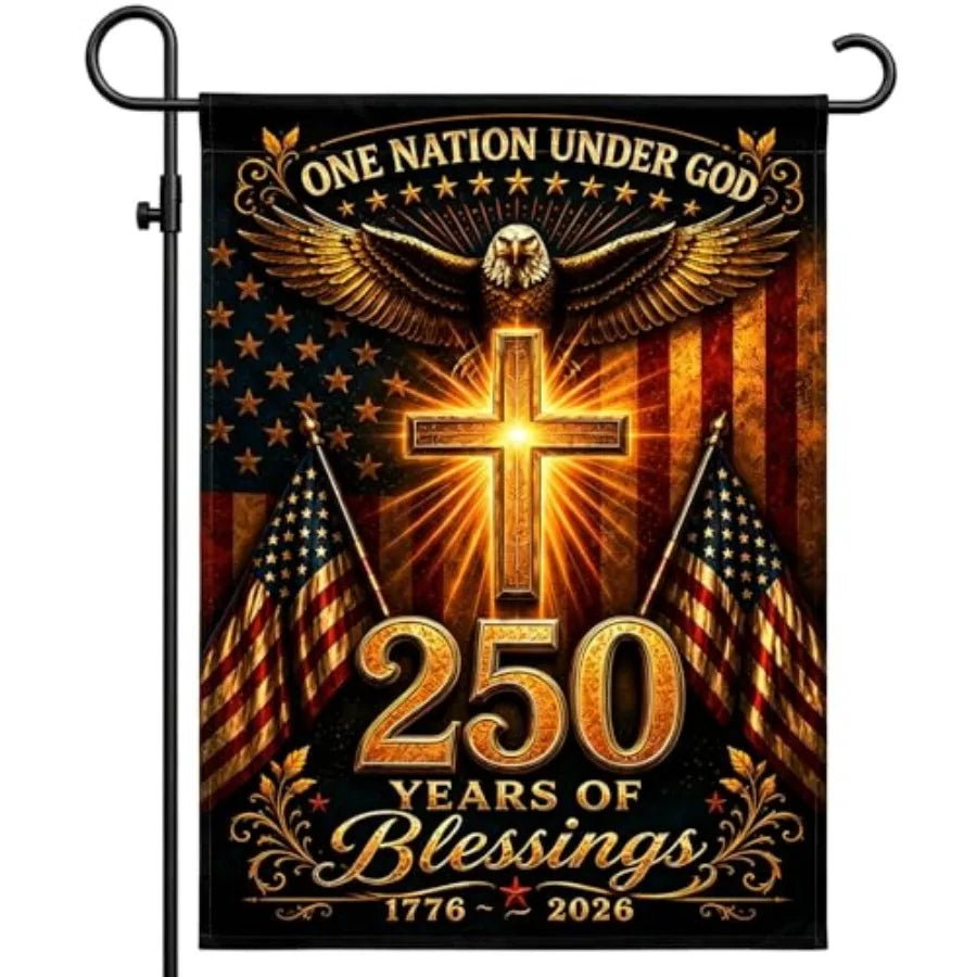 250 Anniversary USA Garden Flag, 250th Anniversary America Flag Double-Sided Waterproof Patriotic Eagle Cross Flag Christian Ou