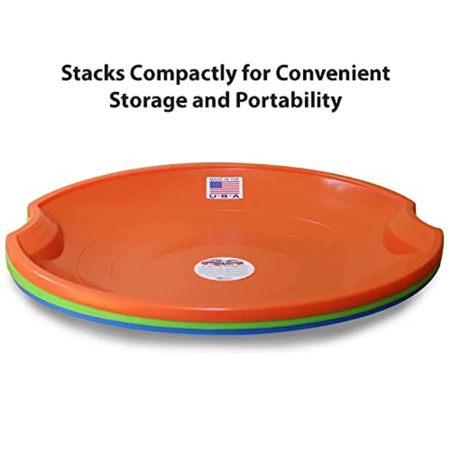 Flexible Flyer Flying Saucer Snow Sleds 3 Pack of Durable 26 Round Plastic Saucer Sleds with Hand Grips Orange Lime Green Blue
