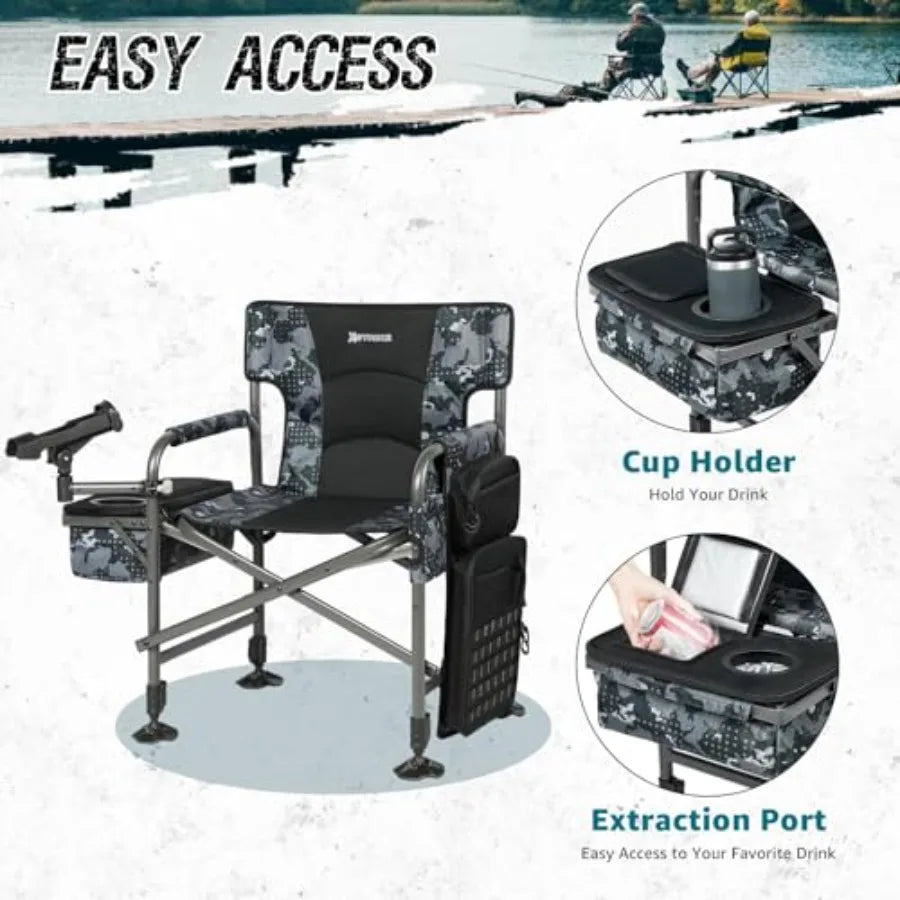 Outdoor fishing chair with rod holder, folding ice fishing chair for adults, aluminum frame, black, adjustable legs, includes c