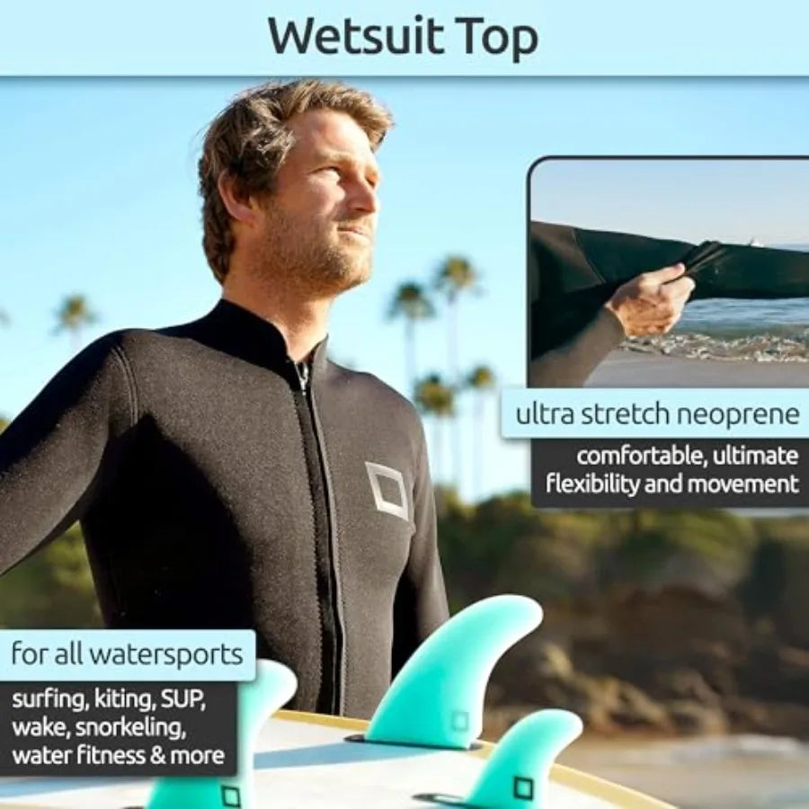 Men's wetsuit top jacket: 2mm/3mm neoprene, black, long sleeve with extended back flap for warmth, comfort, surfing, snorkeling