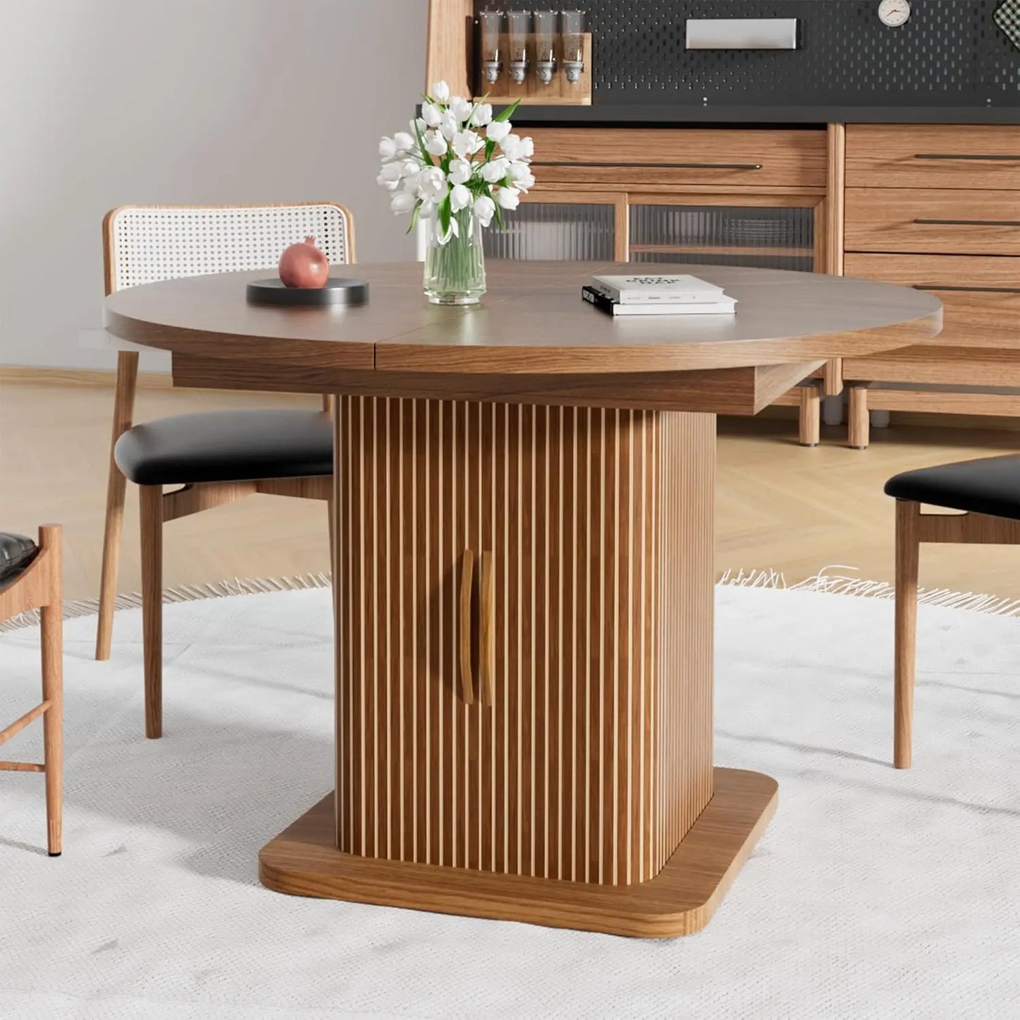 59 Inch Extendable Round Dining Table for 4-6-8 Dining Room Kitchen Table with Storage Fluted Wood Slide Door Customized