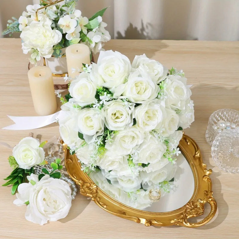 3Pcs Bridal Bridesmaid Wedding Bouque Artificial White Silk Rose,Mariage Bouquet,Wedding Accessories,Boutonnieres,Wrist Corsage
