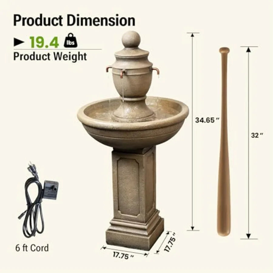 35-Inch Outdoor Water Fountain 2-Tier Modern Italian Floor Standing Resin Waterfall Fountain with Warm Light in Brown for Garde