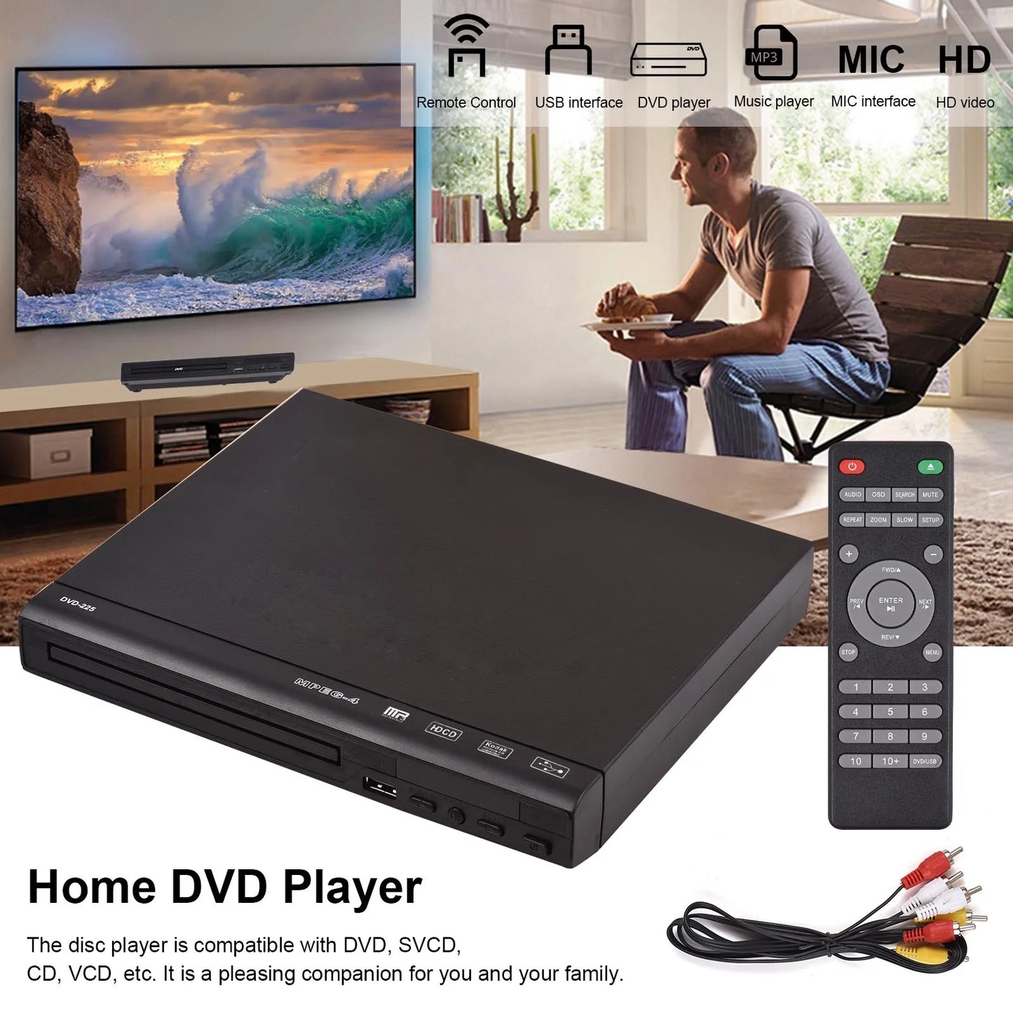 NEW CD Player DVD-225 Home DVD Player DVD CD Disc Player Digital Multimedia Player AV Output with Remote Control Home DVD Player