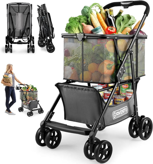 𝐈𝐦𝐩𝐫𝐨𝐯𝐞𝐝 𝐕𝐞𝐫𝐬𝐢𝐨𝐧 Folding Shopping Cart for Groceries, 80lbs Collapsible Grocery Cart with Removable Basket and Sw