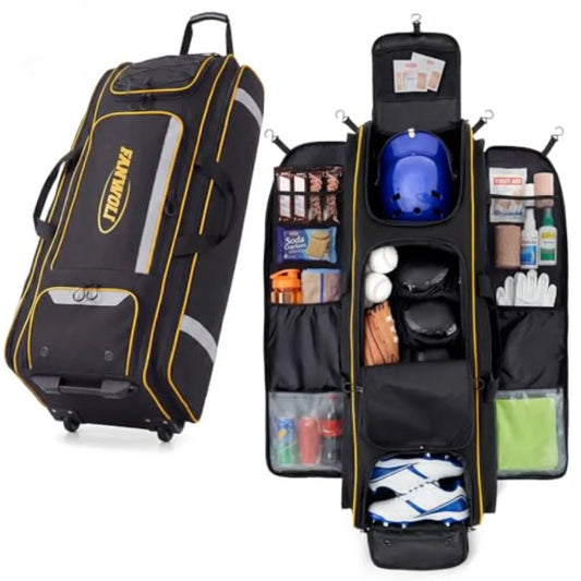 100L Rolling Baseball Catchers Gear Bag - Large Softball Equipment Duffle with Wheels Locker-Style Organizer with 5 Fence Hooks