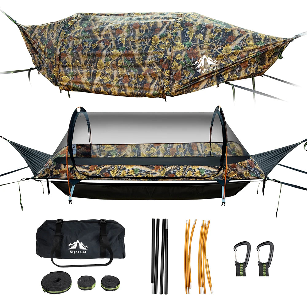 Night Cat Flat Lay Hammock Tent with Mosquito Net Waterproof Rainfly for 1 Person Backpacking Hiking Camping Lightweight 330LBS