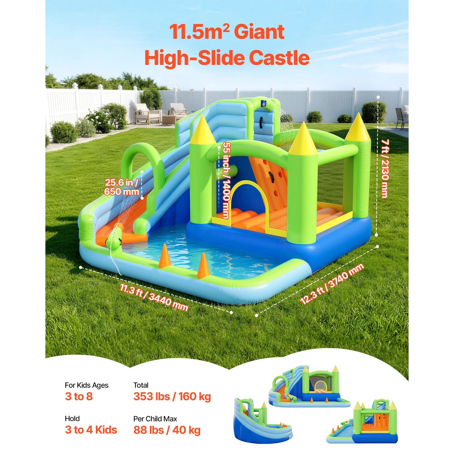 SucceBuy Inflatable Bounce House 11.3 x 12.3 x 7.0 ft Inflatable Bounce House Water Slide Bouncer Castle with Castle Bounces