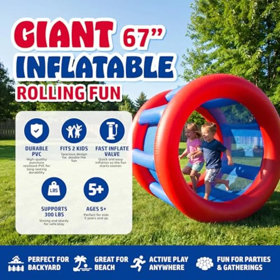 Backyard beach rolling toy for kids and adults: durable PVC blue supports 300 lbs 2-person human hamster wheel ages 5+