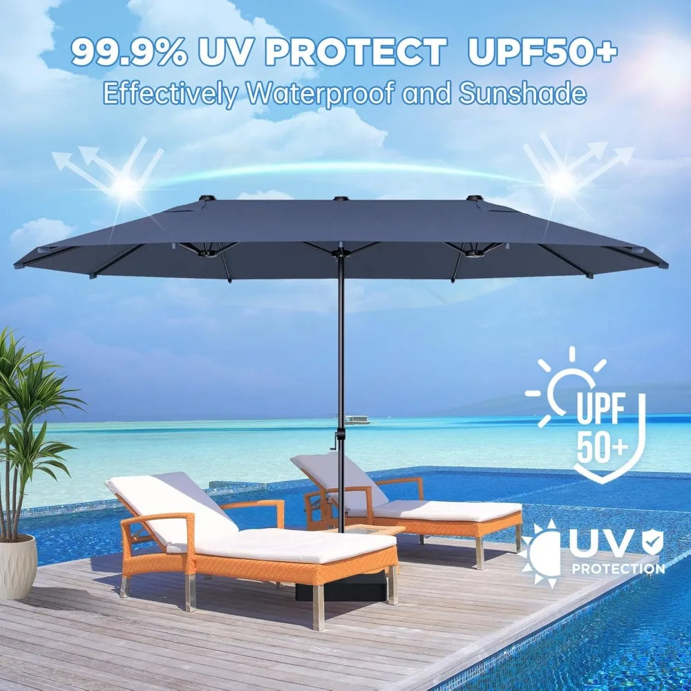 15FT Large Patio Umbrella with Base Included, Outdoor Deck Standing Umbrella with Crank Handle, Double-Side Rectangular Pool Umb