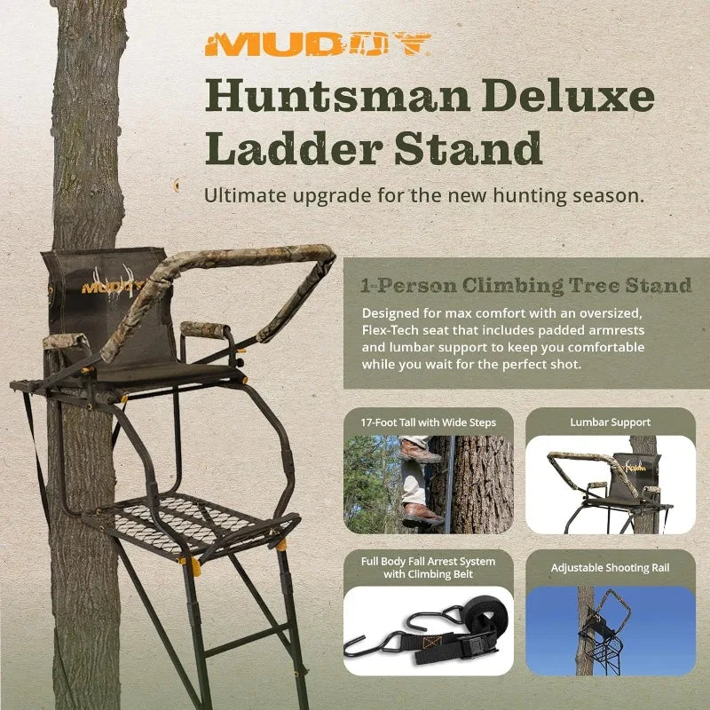 MUDDY 1-Person Huntsman Deluxe Steel Ladder Tree Stand, 17 ft Tall, 300 lb Capacity - Heavy-Duty Hunting Treestand