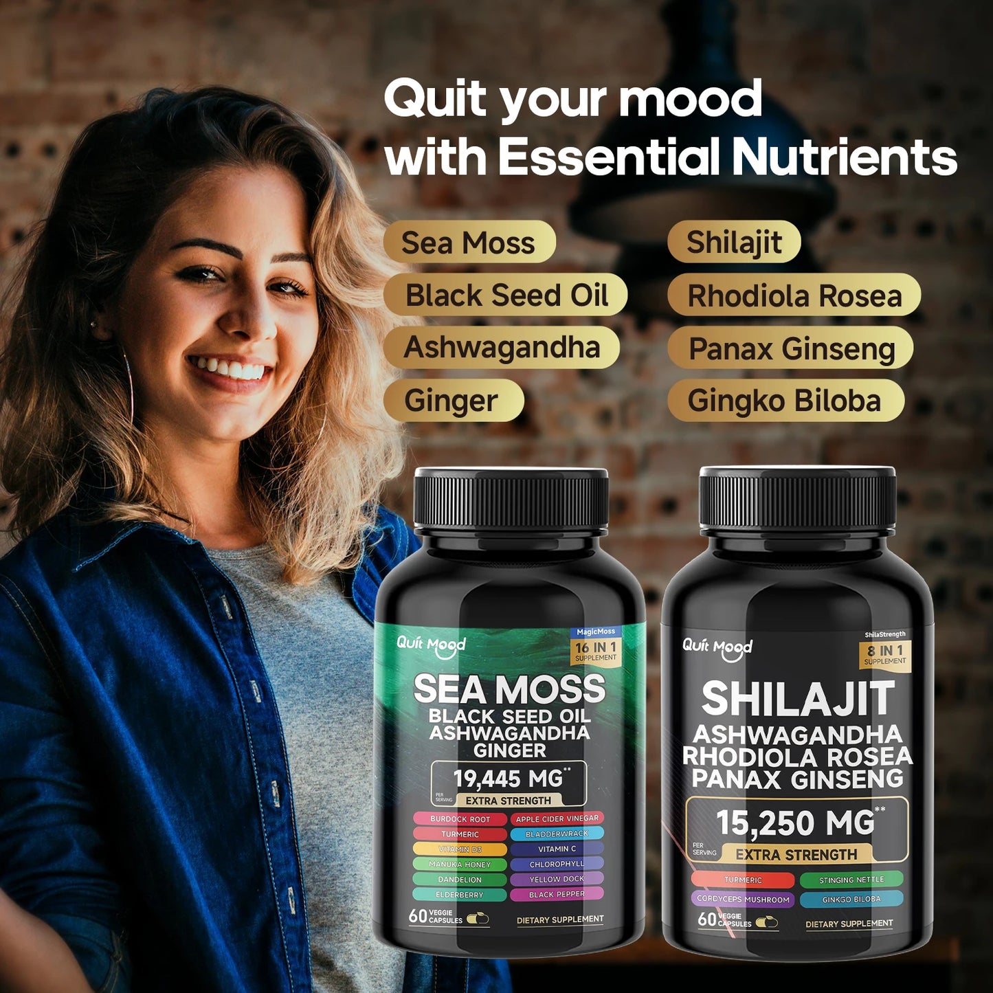 Bundle Sea Moss and shilajit |High Potency Vitality Combo - Ashwagandha Turmeric Bladder, Burdock 2000 Mg  & Ginger, Vitamin C
