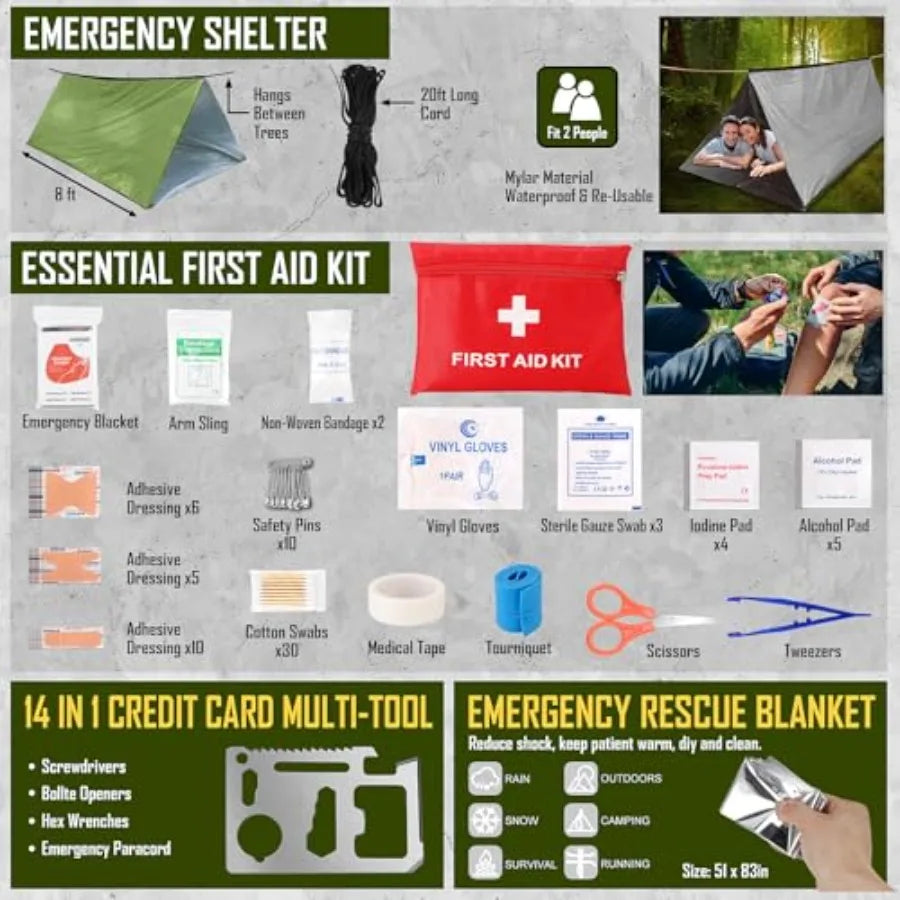 268 Pcs Survival Kit Emergency Gear with First Aid Kit Camping Axe Headlamp Crossbody Bag for Hiking Hunting Black