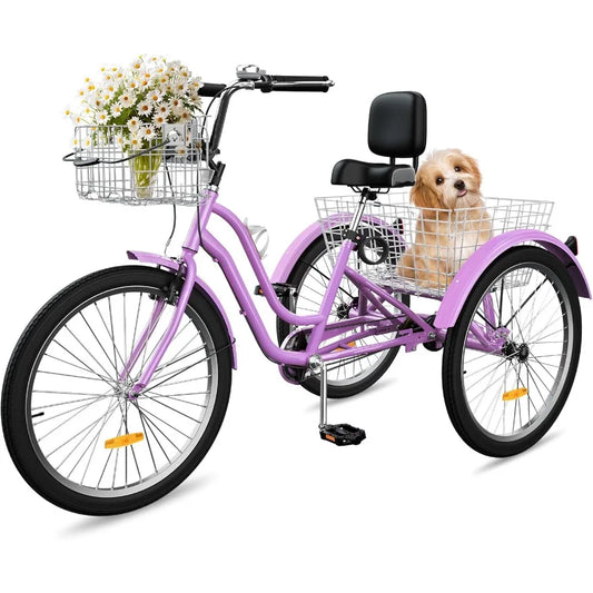Adult Tricycle 24 26 Inch 3Wheel Bikes for Seniors Women and Men 1 7 Speed Low StepThrough Cruiser with Front and Rear Baskets