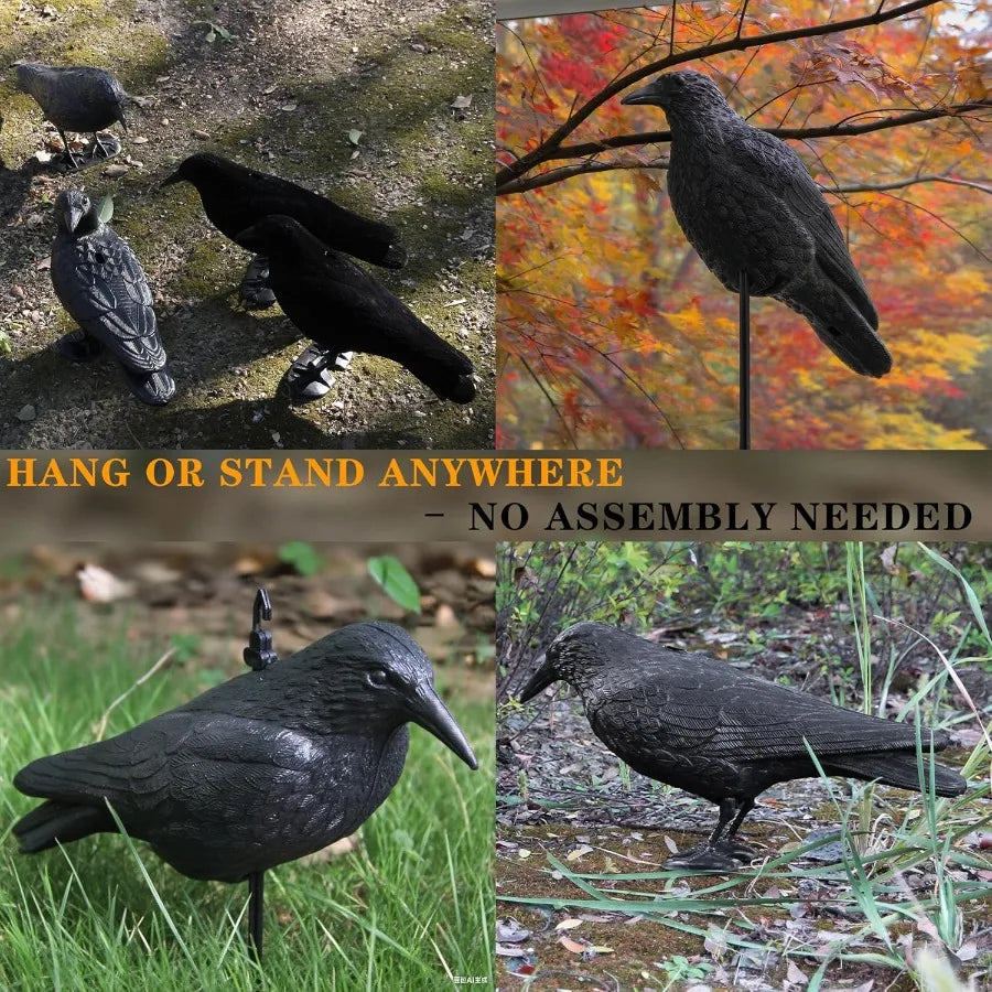 GUGULUZA Crow Decoys Full Body Plastic Crow Decoy for Hunting Black Flocked Crow Decoy w/Feet Stake for Halloween Decor Yard Ga