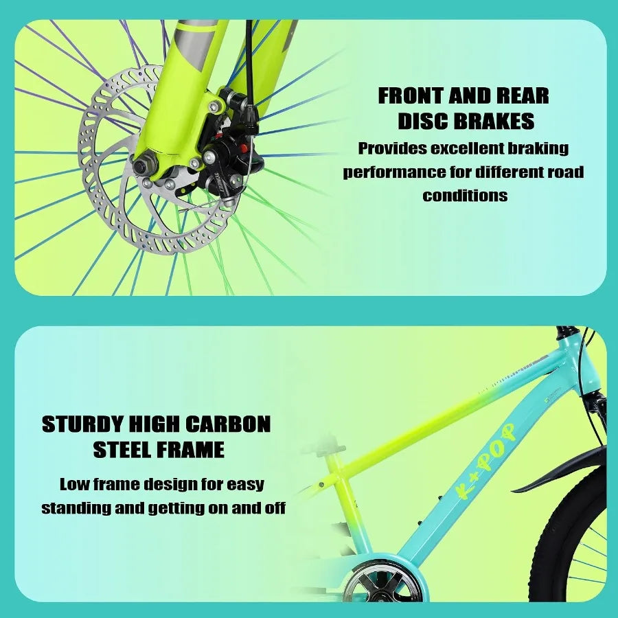 24 Inch Single Speed Mountain Bike for Boys Girls Ages 8-12, Lightweight Youth Bicycle with Front Suspension Fork, Front and Re