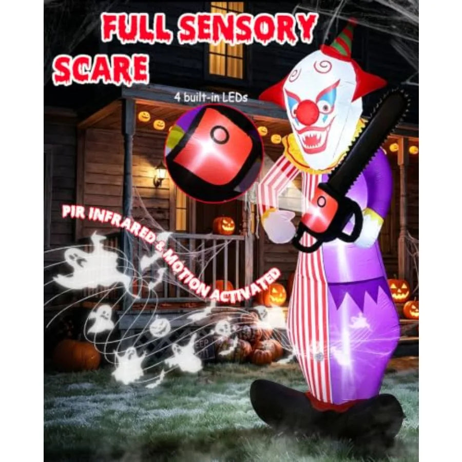 Outdoor Halloween inflatable decoration: PVC, white and red, motion-activated screaming clown with LED lights, 12FT tall for ya