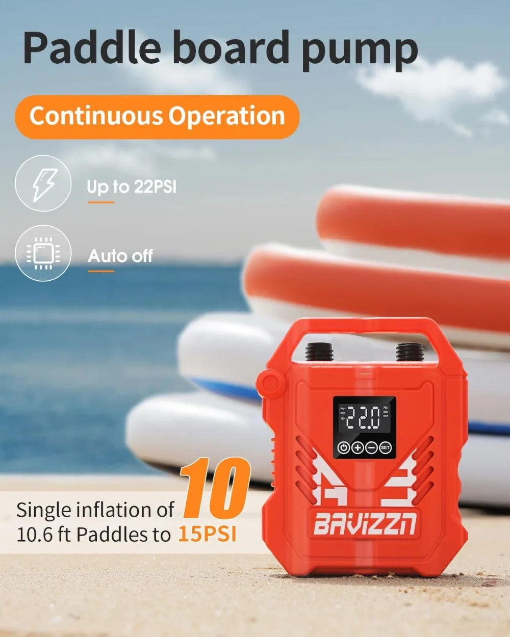 22PSI Electric Paddle Board Pump, 12V DC Car Powered SUP Pump with Dual Stage Inflation, Portable Air Pump for Inflatables
