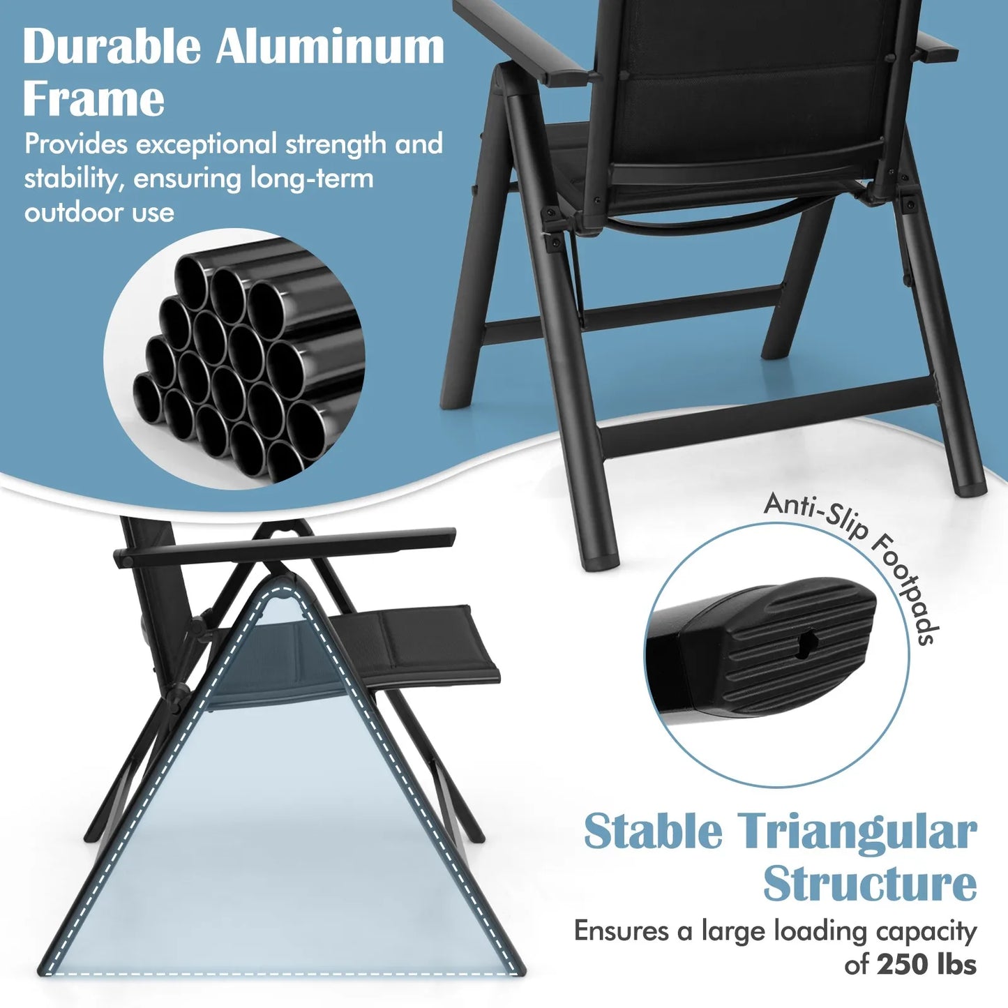 Patio Folding Chair Outdoor Chairs w/ Padded Seat, Adjustable Backrest