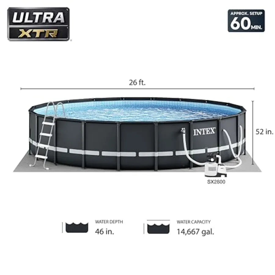 26ft x 52in Above Ground Swimming Pool Set with Sand Filter Pump Inflatable Lounge Recliners 2-Pack and Beverage Cooler in Blue
