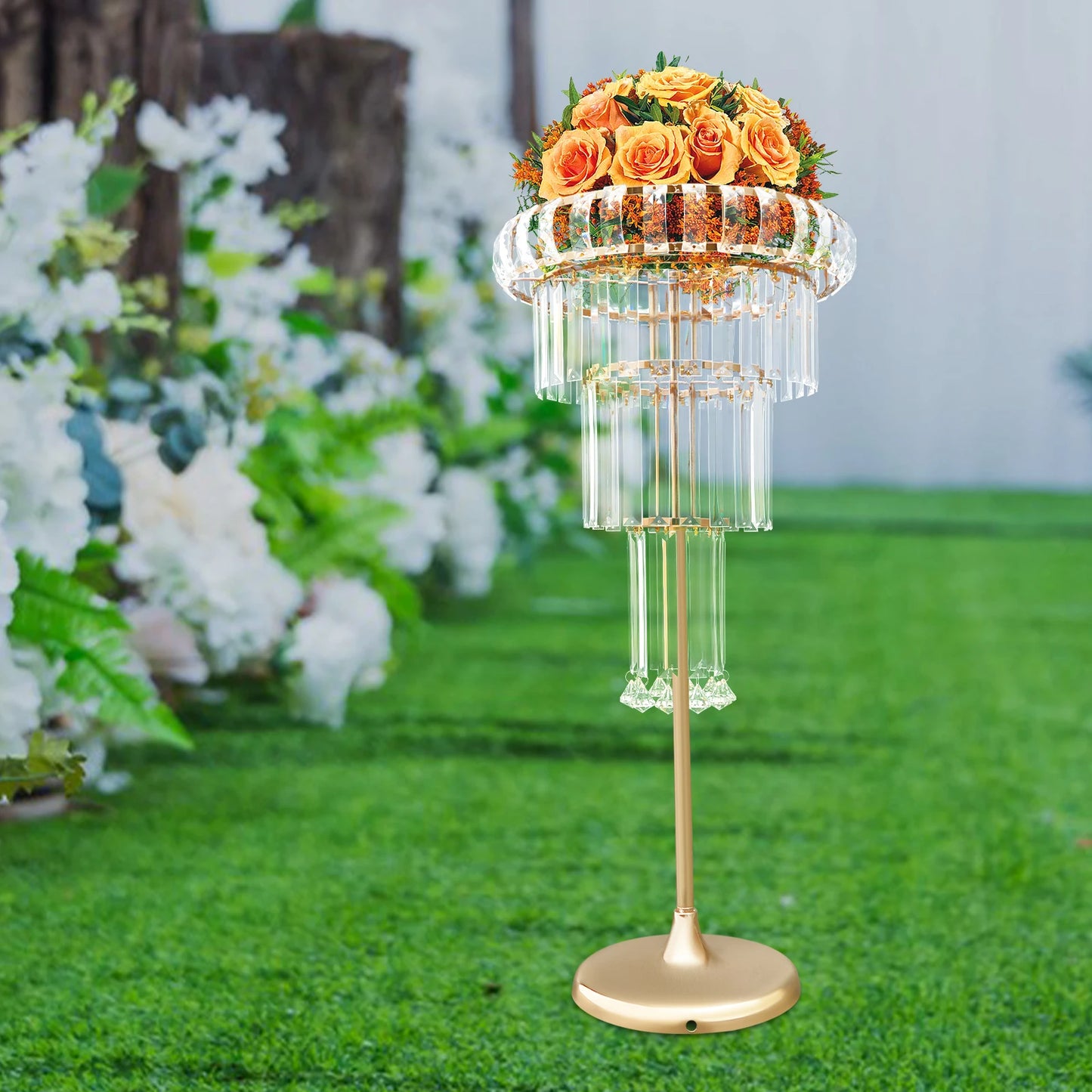 Crystal Wedding Flower Stand, 5 Tier Crystal Flower Stand with Ice Curtain and Gold Frame, Wedding Centerpiece Decor