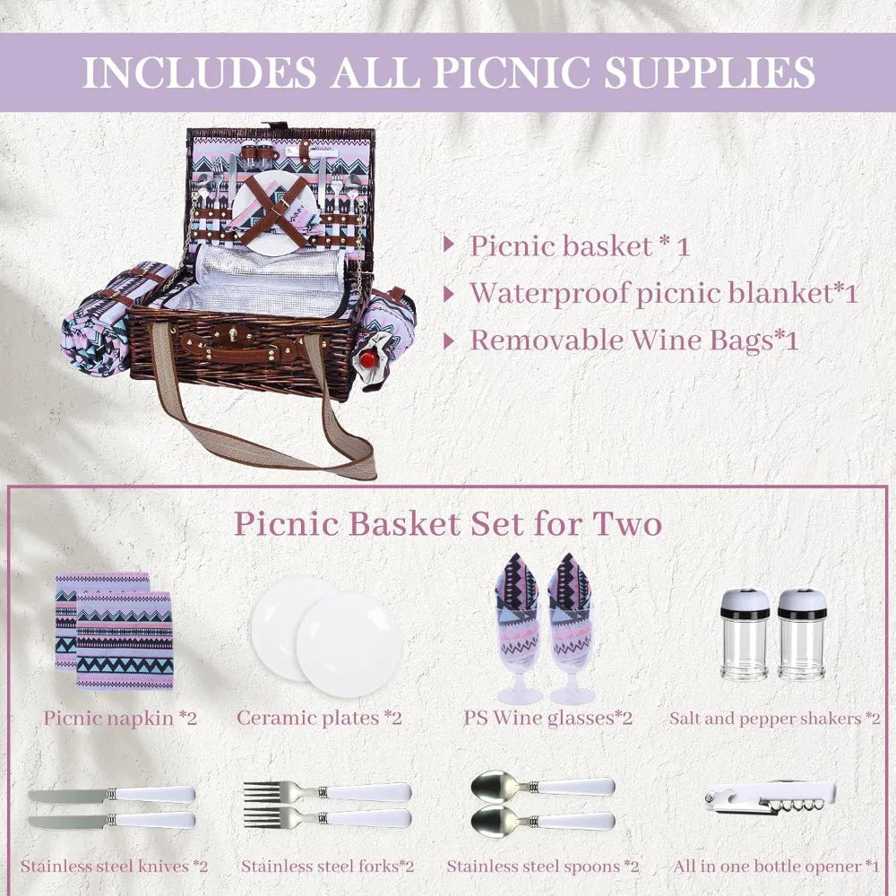 neti neti wicker picnic basket for 2 boho with insulated cooler & waterproof blanket – large willow picnic hamper for outdoor, c