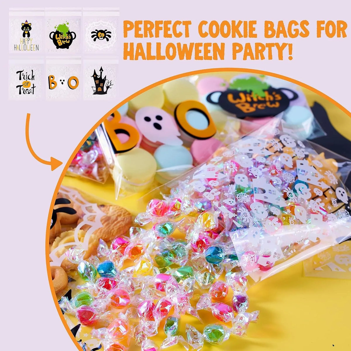 150 PCS Cellophane Treat Bags Halloween Self Adhesive Clear Cookie and Candy Bags for Kids Trick or Treating, Small Goodie Gift Ziplock Bag Bulk for Halloween Party Favors Supplies in 6 Designs