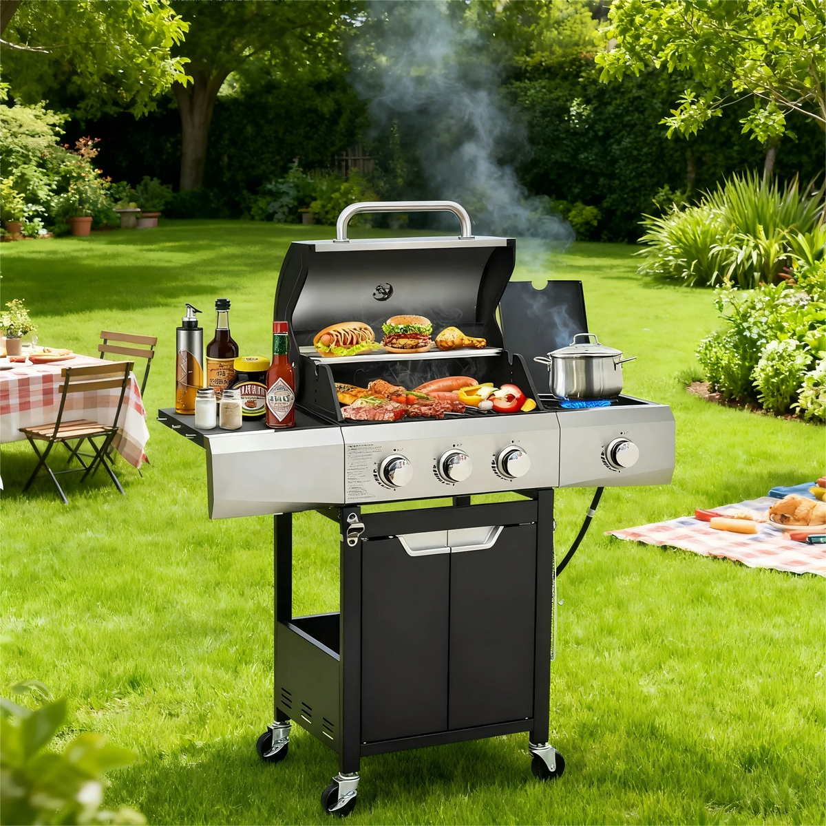 3-Burner BBQ Grill with Side Burner, 40,500 BTU Stainless Steel Propane Grill, Including Thermometer Wheels, Gas Grill for Garden Cooking and Family Gatherings