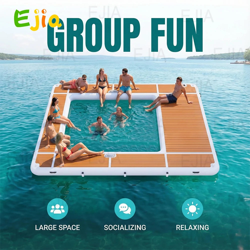 13FT Inflatable Pool Float Platform, Thick PVC Floating Dock with Non-Slip EVA Surface, Inflatable Floating Dock for Yacht/Boat