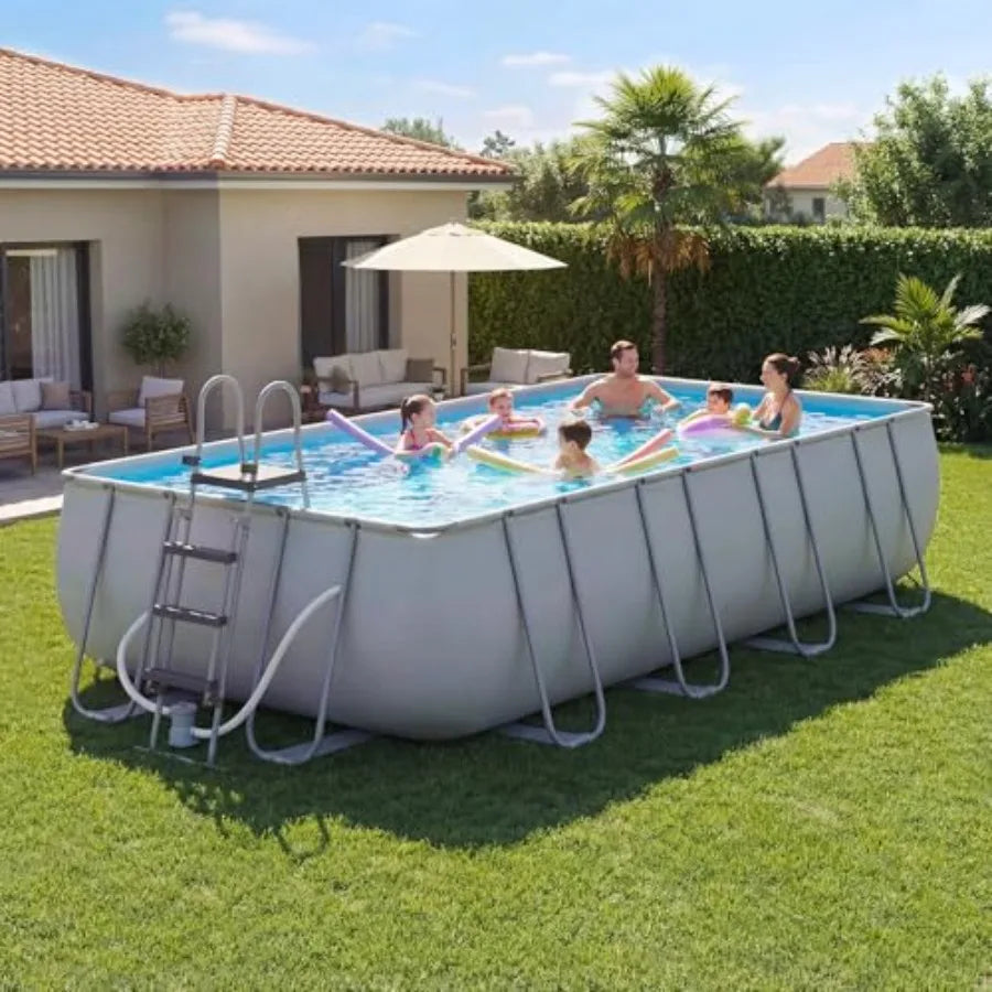 Backyard rectangular above ground pool set, steel frame with gray PVC liner, 18' x 9' x 47, includes removable ladder and filte