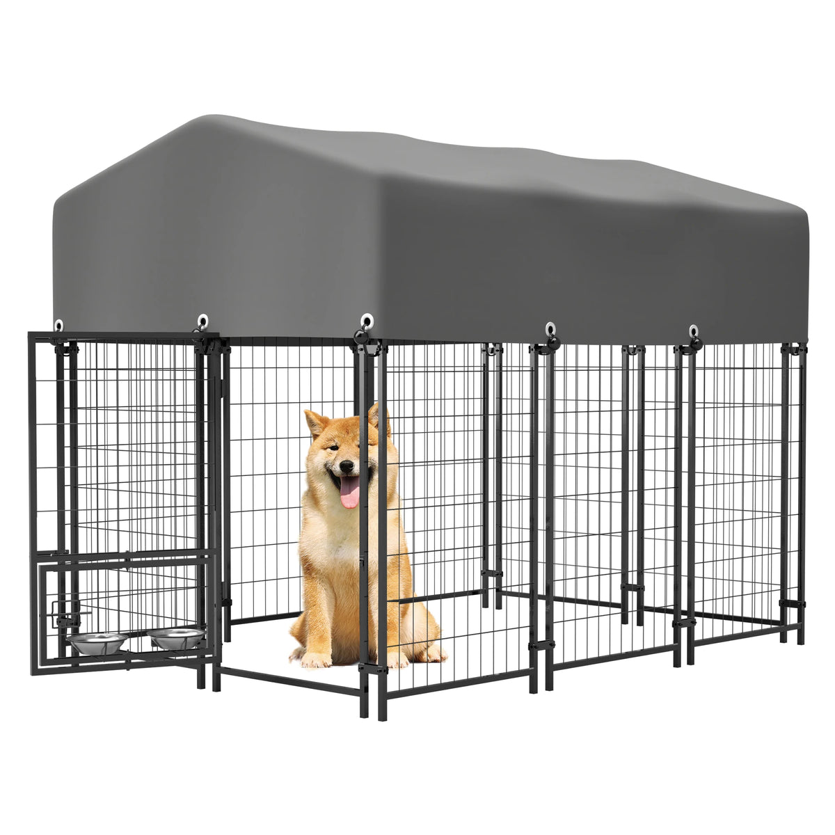 4.23x5.82x4.83 ft Heavy Duty Welded Wire Dog Kennel Outdoor Run House UV Waterproof Cover Double Lock and Rotating Feeder