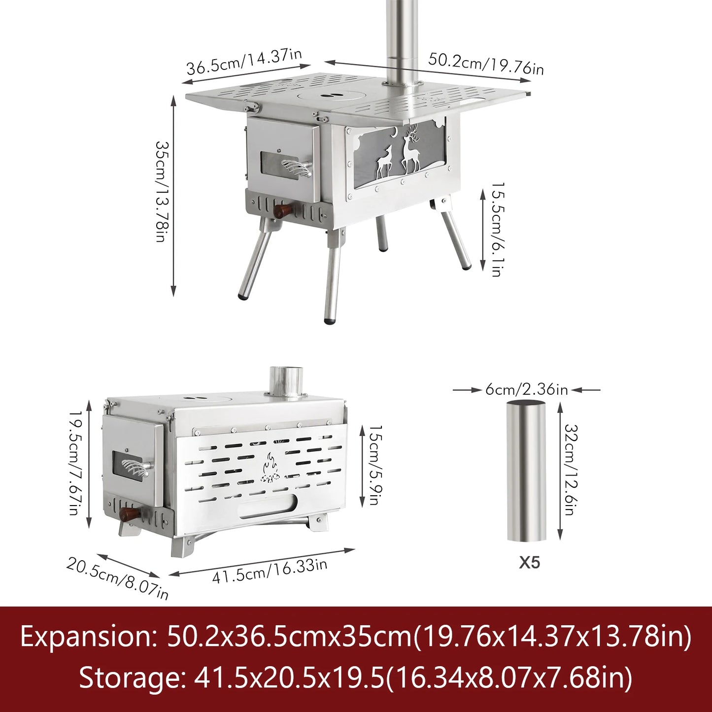 Compact Tent Stove with Stainless Steel Construction Chimney Pipes Included for Outdoor Heating & Cooking Ice Fishing Hunting