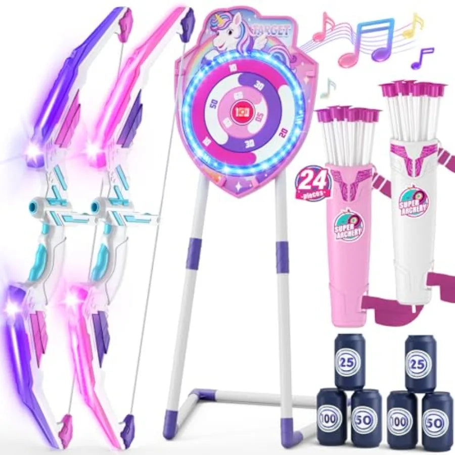 Indoor outdoor kids' archery set: LED unicorn bow and arrow, plastic, rainbow, glow-in-the-dark target with suction cup arrows,