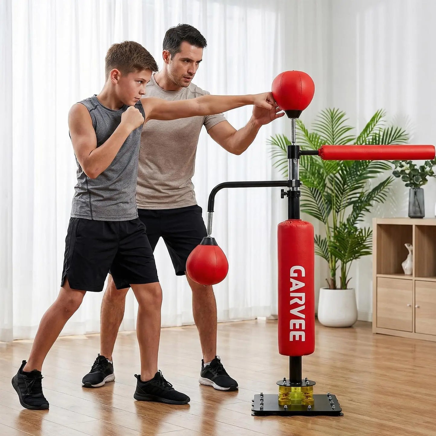 Punching Bag Free Standing with 2 Speed Balls & 360° Relax Bar, 106 x 140-205cm Height Adjustable Boxing Bag with Stand